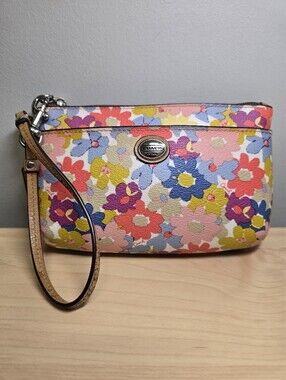 COACH Multicolor Floral Wristlet Tan Strap Silver Hardware **please read**